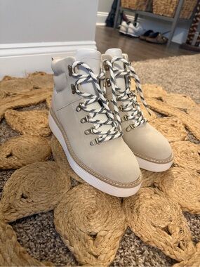 Cole Haan Cream Lace-Up Waterproof Platform  Boots with Striped Laces